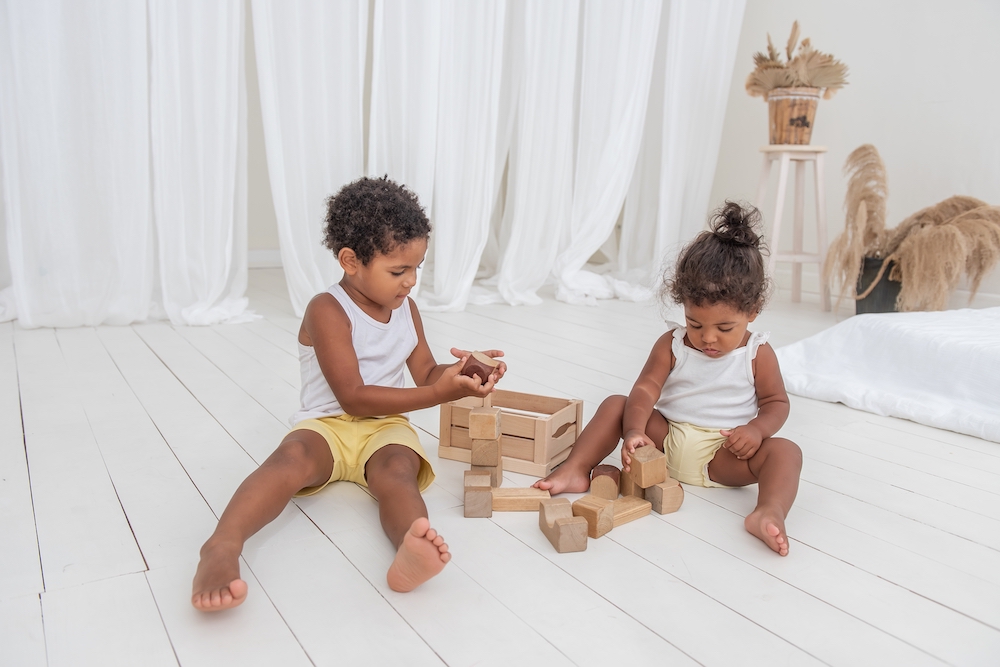 Little Brother and Sister African American play houses with wooden bricks