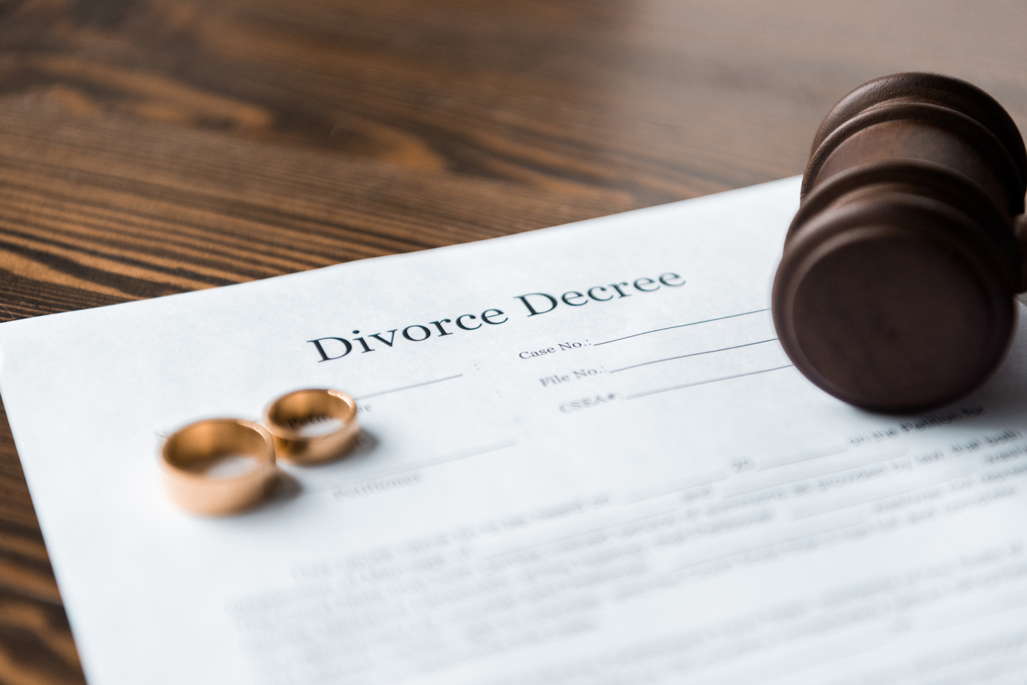 close-up view of divorce decree, wedding rings and gavel