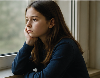 Young girl looking out the window