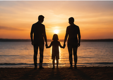Family on the beach at sunset